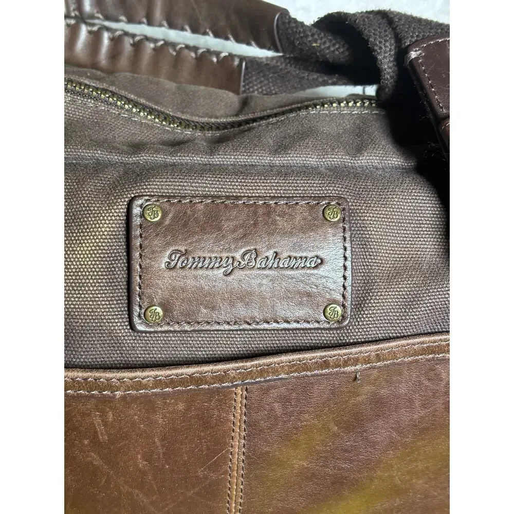 Tommy Bahama Tobago Briefcase Laptop Bag Canvas & Leather Carry Strap Map Lining